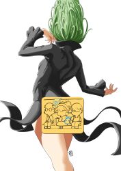 Rule 34 | 1girl, automatic giraffe, black dress, breasts, censored, cowboy shot, dress, from behind, green hair, grey background, highres, long hair, long sleeves, one-punch man, sign, simple background, small breasts, solo, tatsumaki