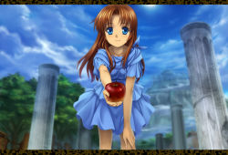 Rule 34 | 1girl, ancient ys vanished, apple, blue eyes, blue skirt, blush, brown hair, cloud, dress, food, fruit, holding, holding food, holding fruit, leaning forward, letterboxed, lilia, lilia (ys), long hair, looking at viewer, mutsuki (moonknives), nihon falcom, outdoors, ruins, skirt, sky, smile, solo, sun, thighs, tree, ys