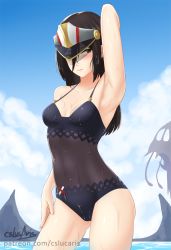 Rule 34 | 1girl, arm up, armpits, black hair, black one-piece swimsuit, blush, breasts, brown eyes, caustics, collarbone, covered navel, cslucaris, day, from side, gloves, hair between eyes, hand on own thigh, hat, long hair, medium breasts, morag ladair (obligatory leave) (xenoblade), morag ladair (xenoblade), mountainous horizon, nintendo, one-piece swimsuit, outdoors, see-through, simple background, solo, standing, swimsuit, visor, water, wet, xenoblade chronicles (series), xenoblade chronicles 2
