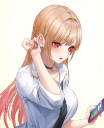 Rule 34 | 1girl, absurdres, ame 816, black necktie, blonde hair, blush, breasts, chat log, chinese commentary, choker, collarbone, commentary, ear piercing, earrings, gradient background, hair intakes, hand up, highres, holding, holding phone, jewelry, kitagawa marin, large breasts, long hair, looking at phone, necktie, open collar, open mouth, pendant, phone, piercing, red eyes, shirt, solo, sono bisque doll wa koi wo suru, standing, uniform, white shirt