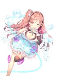 Rule 34 | 1girl, aile (crossroads), asymmetrical legwear, binary, black ribbon, breasts, cleavage, clothing cutout, dress, earphones, garam (soccer spirits), heart, heart hands, hologram, looking at viewer, mismatched legwear, navel cutout, official art, one eye closed, open mouth, pink eyes, pink hair, prism, resized, ribbon, soccer spirits, straight-on, stream, striped ribbon, thighhighs, transparent background, upscaled, v, virtual youtuber