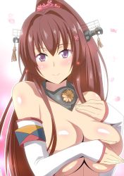 Rule 34 | 10s, 1girl, bare shoulders, blush, breasts, brown hair, cherry blossoms, covering privates, covering breasts, detached collar, detached sleeves, flower, hair flower, hair ornament, hara (harayutaka), headgear, highres, kantai collection, large breasts, long hair, looking at viewer, midriff, no bra, petals, ponytail, purple eyes, shiny skin, smile, solo, upper body, yamato (kancolle)