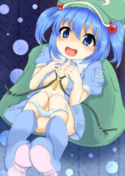Rule 34 | 1girl, :d, backpack, bag, between breasts, blue eyes, blue hair, blush, boots, breasts, bubble, circle, collarbone, hair bobbles, hair ornament, hands on own chest, hat, highres, kawashiro nitori, key, kyuushiki, matching hair/eyes, midriff, navel, open clothes, open mouth, open shirt, panties, panties around ankles, pigeon-toed, pocket, puffy short sleeves, puffy sleeves, rubber boots, shirt, short hair, short sleeves, skirt, skirt set, small breasts, smile, solo, touhou, twintails, two side up, underwear
