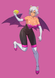 Rule 34 | 1girl, absurdres, animal ears, bare shoulders, bat ears, bat wings, boots, breasts, chaos emerald, cirenk, cleavage, closed mouth, collarbone, commission, dark skin, dark-skinned female, elbow gloves, eyebrows, full body, gloves, green eyes, hair between eyes, highres, humanization, knee boots, large breasts, leotard, looking away, pink background, rouge the bat, short hair, simple background, solo, sonic (series), white gloves, white hair, white legwear, wings
