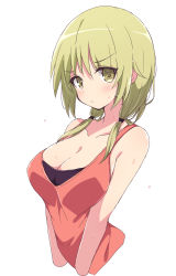 Rule 34 | 1girl, blonde hair, breasts, cleavage, closed mouth, collarbone, commentary request, highres, ichii yui, large breasts, looking at viewer, low twintails, medium hair, mel (melty pot), short hair, simple background, sleeveless, solo, sweat, twintails, white background, yellow eyes, yuyushiki