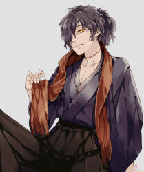 Rule 34 | 1boy, arm support, black hair, collarbone, fate/grand order, fate (series), fingernails, fu yukari, grey background, hakama, hakama pants, japanese clothes, looking at viewer, male focus, messy hair, okada izou (fate), orange eyes, orange scarf, pants, parted lips, pectoral cleavage, pectorals, ponytail, scar, scar on neck, scarf, signature, simple background, sitting, solo, wide sleeves