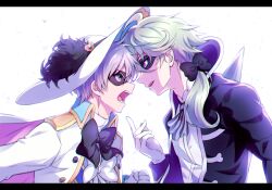 Rule 34 | 2boys, ascot, black border, black bow, black bowtie, black jacket, black pepper (precure), blue eyes, border, bow, bowtie, delicious party precure, dress shirt, eye contact, gloves, grey hair, hair bow, hair over shoulder, highres, jacket, kyoutsuugengo, letterboxed, long hair, long sleeves, looking at another, low ponytail, male focus, mask, multiple boys, narcistoru, open clothes, open jacket, precure, purple eyes, shirt, short hair, simple background, white background, white gloves, white jacket, white shirt