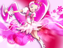 Rule 34 | 10s, 1girl, bad id, bad pixiv id, boots, brooch, cure blossom, eyelashes, hanasaki tsubomi, heart, heart brooch, heartcatch precure!, knee boots, long hair, magical girl, open mouth, pink background, pink eyes, pink hair, pink theme, ponytail, precure, skirt, solo, wanco, wrist cuffs