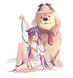 Rule 34 | 1girl, arm support, barefoot, blue eyes, blunt bangs, breasts, brown headwear, bubba (watson amelia), commentary, deerstalker, detached collar, dog, english commentary, gradient hair, hat, highres, hololive, hololive english, knee up, long hair, looking at viewer, meiyan (boyimachao), multicolored hair, mustache print, nail polish, necktie, ninomae ina&#039;nis, off-shoulder shirt, off shoulder, one eye closed, on one knee, orange hair, orange nails, purple hair, red necktie, shirt, short sleeves, sidelocks, simple background, small breasts, tentacle hair, tentacles, thighs, very long hair, virtual youtuber, white background, white shirt