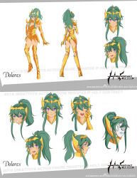 Rule 34 | 1girl, aries dolores, armor, ass, back, bikini armor, blush, boots, breasts, character name, cleavage, closed eyes, fingerless gloves, gloves, gold armor, green hair, helm, helmet, highres, long hair, looking at viewer, mask, open mouth, ponytail, purple eyes, saint seiya, smile, solo, standing, teeth, thigh boots, thighhighs, thighs, tongue, white background