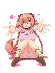 Rule 34 | 1girl, :d, animal ears, braid, breasts, brown hair, covered erect nipples, dog ears, dog tail, esoragoto, hair ribbon, heart, heart in mouth, highres, knees together feet apart, large breasts, long hair, open mouth, original, outstretched arms, panties, pantyshot, pink eyes, reaching, reaching towards viewer, ribbon, simple background, sitting, smile, socks, solo, striped clothes, striped socks, tail, thighs, twin braids, underwear, upskirt, very long hair, white background, white panties