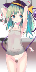 Rule 34 | 1girl, absurdres, alternate hairstyle, apron, armpits, arms behind head, arms up, bandaid, bandaids on nipples, black hat, blue eyes, blue hair, blush, bow, breasts, closed mouth, cowboy shot, groin, hat, hat bow, heart, highres, komeiji koishi, long hair, looking at viewer, motion lines, naked apron, navel, pasties, ponytail, see-through, small breasts, solo, stomach, sweat, tape, tape on pussy, te toga, thigh gap, third eye, touhou
