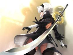 Rule 34 | 1girl, black dress, blindfold, boots, dress, feather-trimmed sleeves, feguimel, magic circle, mole, mole under mouth, nier (series), nier:automata, panties, pantyshot, short hair, silver hair, solo, standing, sword, thighhighs, underwear, upskirt, weapon, weapon on back, 2b (nier:automata)