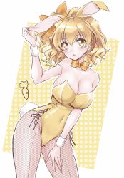Rule 34 | 1girl, animal ears, artist name, blush, bow, bowtie, breasts, choker, collarbone, commentary, covered navel, cure pine, dated, detached collar, earrings, fake animal ears, fake tail, fishnet pantyhose, fishnets, fresh precure!, hair bow, heart, heart earrings, highleg, highleg leotard, highres, jewelry, large breasts, leotard, looking at viewer, medium hair, okayashi, orange bow, orange choker, pantyhose, playboy bunny, precure, rabbit ears, rabbit tail, side ponytail, solo, strapless, strapless leotard, symbol-only commentary, tail, traditional bowtie, white background, wrist cuffs, yamabuki inori, yellow background, yellow leotard