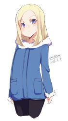 Rule 34 | 1girl, black pants, blonde hair, blue jacket, blush, closed mouth, cowboy shot, cropped legs, dated, forehead, fur-trimmed jacket, fur-trimmed sleeves, fur trim, jacket, long hair, long sleeves, maze (gochama ze gohan), original, pants, parted bangs, purple eyes, signature, simple background, sketch, solo, white background