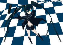 Rule 34 | 10s, belt, bikini, bikini top only, black rock shooter, black rock shooter (character), blue eyes, blue hair, boots, chain, foreshortening, glowing, glowing eyes, jacket, knife, long hair, pale skin, scar, shorts, solo, swimsuit, twintails, uneven twintails, very long hair, vocaloid, yuu (1007yu)