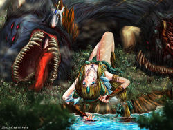 Rule 34 | 1girl, artist name, bare legs, blonde hair, blood, blood on clothes, blood on face, bloody weapon, blue eyes, brown hair, cave, corpse, downblouse, extra ears, grass, jewelry, looking at viewer, lying, monster, myke, necklace, on back, parted lips, pendant, riesz, saliva, seiken densetsu, seiken densetsu 3, sharp teeth, short hair, solo, sword, teeth, tongue, water, weapon