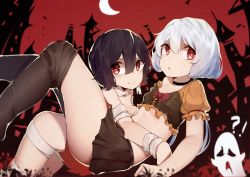 Rule 34 | !?, 10s, 2girls, :o, absurdres, ass, bandages, bandages, black hair, black legwear, bow, breast press, breasts, clothes pull, crop top, flat chest, frilled shirt, frills, ghost, hair between eyes, halloween, highres, hug, konno junko, lying, medium breasts, microskirt, midriff, mizuno ai, multiple girls, naked bandage, on back, pantyhose, pantyhose pull, pleated skirt, puffy short sleeves, puffy sleeves, red bow, red eyes, shirt, short hair, short sleeves, skirt, smile, stitches, thighs, toki (1243309499), white hair, zombie land saga