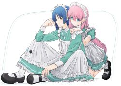 Rule 34 | 2girls, alternate costume, apron, black footwear, blue eyes, blue hair, bocchi the rock!, closed mouth, commentary request, dress, elbow rest, enmaided, expressionless, frilled apron, frills, full body, gotoh hitori, green dress, hair between eyes, hakidame (hkdm aka 283), hand on another&#039;s shoulder, highres, kneeling, knees up, long hair, long sleeves, looking at viewer, maid, maid apron, maid headdress, mary janes, multiple girls, puffy short sleeves, puffy sleeves, shoes, short hair, short sleeves, simple background, sitting, socks, very long hair, white apron, white background, white socks, yamada ryo, yellow eyes, yuri