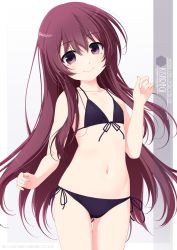 Rule 34 | 1girl, artist name, bikini, black bikini, brown hair, character name, commentary request, cowboy shot, flat chest, front-tie bikini top, front-tie top, highres, inaba shiki, kantai collection, kisaragi (kancolle), long hair, looking at viewer, purple eyes, side-tie bikini bottom, smile, solo, standing, swimsuit, thigh gap