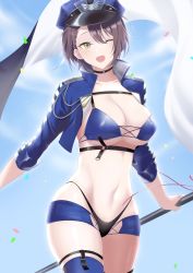 Rule 34 | 1girl, azur lane, baltimore (azur lane), baltimore (finish line flagbearer) (azur lane), bikini, black bikini, black thighhighs, blue bikini, blue hat, blue jacket, blush, braid, breasts, brown hair, choker, cleavage, collarbone, cropped jacket, flag, hat, highleg, highleg bikini, highres, jacket, large breasts, long sleeves, looking at viewer, mismatched bikini, navel, open clothes, open jacket, open mouth, oxygen mask (oxygenmask233), peaked cap, race queen, short hair, smile, solo, swimsuit, thighhighs, thighs, yellow eyes