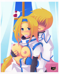Rule 34 | 1boy, 1girl, arc system works, ayb, blonde hair, blue eyes, grabbing another&#039;s breast, breasts, condom, condom in mouth, couple, grabbing, guilty gear, hairband, hetero, ky kiske, millia rage, mouth hold