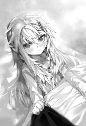 Rule 34 | 1girl, closed mouth, collarbone, death march kara hajimaru isekai kyousoukyoku, dress shirt, frown, greyscale, hair intakes, hair ornament, highres, long hair, long sleeves, looking at viewer, mia (death march), monochrome, novel illustration, official art, on bed, pointy ears, pov, shirt, shri, sitting, solo, under covers, very long hair