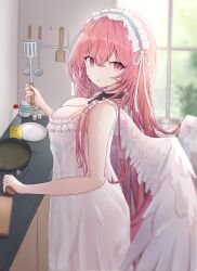 Rule 34 | 1girl, :o, angel wings, ass, azur lane, bare arms, blurry, blurry foreground, breasts, cleavage, collar, cooking, cowboy shot, crossed bangs, day, frilled hairband, frilled nightgown, frills, from side, hair between eyes, hairband, hand up, holding, holding pan, holding spatula, indoors, kitchen, large breasts, lingerie, long hair, looking at viewer, looking to the side, metal collar, negligee, nicknameokupied, nightgown, no bra, no panties, parted lips, perseus (azur lane), pink eyes, pink hair, ribbon, see-through, solo, spatula, standing, underwear, very long hair, white nightgown, white ribbon, window, wings