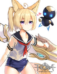 Rule 34 | 1girl, absurdres, animal ears, artist request, blonde hair, copyright name, dog ears, dog tail, elin, gun, highres, holding, huge weapon, long hair, one-piece swimsuit, outstretched arm, ponytail, purple eyes, robot, school swimsuit, school uniform, see-through, serafuku, shirt, smile, solo, swimsuit, swimsuit under clothes, tail, tera online, weapon, wet, wet clothes, wet shirt, white shirt