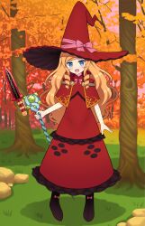 Rule 34 | 1girl, :d, absurdres, ami (ammy33), blonde hair, blue eyes, blush, bow, dagger, doctor magus, doctor magus 4, dress, drill hair, etrian odyssey, fang, hat, hat bow, highres, knife, large hat, long dress, long hair, looking at viewer, open mouth, pink bow, red dress, red hat, sekaiju no meikyuu, sekaiju no meikyuu 2, smile, solo, staff, weapon, witch, witch hat