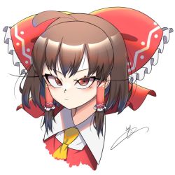 Rule 34 | 1girl, ahoge, blush, bow, brown eyes, brown hair, closed mouth, collared shirt, commentary request, eyelashes, frills, hair between eyes, hair bow, hair ornament, hair tubes, hakurei reimu, kaitojaja19980520, large bow, looking at viewer, necktie, red bow, red vest, shirt, short hair, signature, simple background, solo, touhou, upper body, v-shaped eyebrows, vest, white background, white shirt, yellow necktie