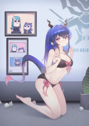 Rule 34 | 1girl, absurdres, alternate hairstyle, arknights, bare arms, bare legs, bare shoulders, barefoot, black bra, black panties, blue hair, bow, bow bra, bra, breasts, ch&#039;en (arknights), cleavage, dragon horns, dragon tail, female focus, great lungmen logo, hair between eyes, hair down, hands up, highres, horns, hoshiguma (arknights), indoors, kneeling, long hair, looking at viewer, navel, panties, picture frame, pink bow, plant, poptepipic, potted plant, red eyes, saw272, shadow, side-tie panties, small breasts, solo, stomach, tail, thighs, underwear, underwear only