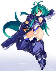 Rule 34 | 1girl, antenna hair, armor, armored boots, boots, fingerless gloves, gloves, green hair, groin, hairband, highres, karukan (monjya), leotard, long hair, looking at viewer, mecha musume, red eyes, shinrabanshou, shizuku (shinrabanshou), suireiken shizuku (shinrabanshou), thighhighs, weapon, white background, white leotard
