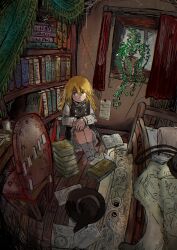 Rule 34 | 1girl, absurdres, bed, bed sheet, bedroom, blonde hair, book, chair, hat, highres, inuyama konan, kirisame marisa, long hair, no headwear, papers, plant, silk, sitting, solo, spider web, thighhighs, touhou, white thighhighs, window, witch hat, yellow eyes