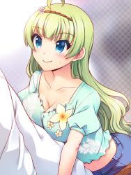 Rule 34 | 10s, 1girl, blue eyes, breast on chest, breast press, breasts, casual, cleavage, green hair, idolmaster, idolmaster million live!, large breasts, long hair, midriff, shimabara elena, smile, totokichi