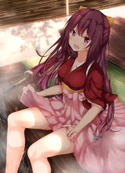 Rule 34 | 1girl, :d, anchor, bad id, bad pixiv id, bare legs, blurry, blurry background, blush, bow, breasts, carpet, closed umbrella, collarbone, day, depth of field, feet out of frame, hair bow, hakama, hakama hold, hakama skirt, half updo, highres, hip vent, japanese clothes, kamikaze (kancolle), kantai collection, kimono, large breasts, long hair, numpopo, oil-paper umbrella, on floor, open mouth, pink hakama, purple eyes, purple hair, red kimono, skirt, smile, soaking feet, solo, sunlight, tareme, tasuki, umbrella, very long hair, water, wooden floor, yellow bow