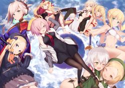 Rule 34 | 6+girls, abigail williams (fate), ahoge, apron, artoria pendragon (alter swimsuit rider) (fate), artoria pendragon (alter swimsuit rider) (second ascension) (fate), artoria pendragon (fate), artoria pendragon (swimsuit archer) (fate), artoria pendragon (swimsuit archer) (first ascension) (fate), ass, asymmetrical hair, asymmetrical legwear, bare shoulders, barefoot, beret, bikini, black bikini, black bow, black dress, black hat, black jacket, black legwear, black panties, black shirt, blonde hair, bloomers, blue bow, blue eyes, blue kimono, blue sky, blush, bow, breasts, brown eyes, brown legwear, bug, butterfly, cape, closed mouth, cloud, cloudy sky, collared dress, commentary request, day, dress, ereshkigal (fate), excalibur (fate/stay night), facial scar, fate/grand order, fate (series), forehead, frilled apron, frills, glasses, green eyes, green hat, green jacket, hair between eyes, hair bow, hair intakes, hair ornament, hair over one eye, hat, highres, hood, hood down, hooded jacket, hugging object, insect, jack the ripper (fate/apocrypha), jacket, japanese clothes, katana, kimono, large breasts, long hair, long sleeves, looking at viewer, maid headdress, maosame, mash kyrielight, medium breasts, miyamoto musashi (fate), miyamoto musashi (third ascension) (fate), multicolored cape, multicolored clothes, multiple girls, navel, necktie, nero claudius (fate), nero claudius (fate) (all), nero claudius (swimsuit caster) (fate), off shoulder, open clothes, open jacket, orange bow, outdoors, panties, pantyhose, parted bangs, paul bunyan (fate), pink hair, pixiv fate/grand order contest 2, polka dot, polka dot bow, purple eyes, red bow, red cape, red neckwear, scar, scar across eye, scar on cheek, scar on face, shirt, short hair, shoulder tattoo, silver hair, single thighhigh, sitting, sky, sleeveless, sleeveless dress, sleeveless shirt, sleeves past fingers, sleeves past wrists, smile, striped bikini, striped clothes, stuffed animal, stuffed toy, swimsuit, sword, tattoo, teddy bear, thighhighs, tiara, twintails, underwear, uneven legwear, very long hair, waist apron, weapon, white apron, white bikini, white bloomers, white jacket, yellow cape