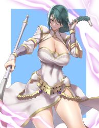 Rule 34 | 1girl, absurdres, anagumasan, braid, breasts, circlet, cleavage, closed mouth, covered navel, dress, female focus, fire emblem, fire emblem heroes, gold trim, green hair, highres, holding, holding weapon, jewelry, large breasts, lightning, long hair, long sleeves, nintendo, polearm, shiny skin, simple background, single braid, smile, solo, thighs, thorr (fire emblem), turtleneck, weapon, white dress