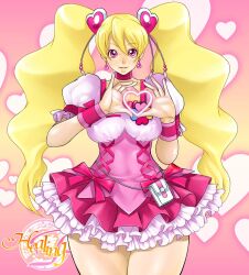 Rule 34 | 1girl, blonde hair, breasts, covered erect nipples, cure peach, english text, female focus, fresh precure!, heart, highres, kechin (oreteki18kin), large breasts, long hair, magical girl, momozono love, precure, purple eyes, smile, source request, text focus