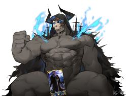Rule 34 | 1boy, blue fire, card, censored, clenched hand, cloak, colored skin, fate/grand order, fate (series), fire, glowing, glowing eyes, gomtang, grey skin, horns, king hassan (fate), male focus, mask, nipples, scar, signature, simple background, sitting, solo, white background