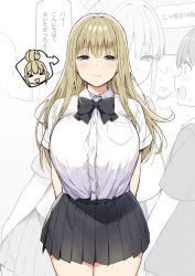 Rule 34 | 1girl, arms behind back, black bow, black skirt, blonde hair, bow, breasts, closed mouth, collared shirt, cowboy shot, dress shirt, grey eyes, hair down, highres, hinano (sky-freedom), large breasts, long hair, looking at viewer, original, pleated skirt, school uniform, shirt, short sleeves, skirt, sky-freedom, smile, standing, thighs, white shirt