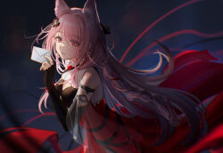 Rule 34 | 1girl, absurdres, animal ears, arknights, braid, dress, earrings, fingerless gloves, gloves, hair between eyes, hair ornament, highres, holding, holding letter, jewelry, letter, long hair, looking at viewer, open mouth, pink hair, pozyomka (arknights), red dress, red eyes, tadano tarako, very long hair