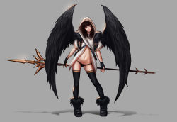 Rule 34 | 1girl, angel, black footwear, black gloves, black hair, black panties, black thighhighs, black wings, blunt bangs, boots, brown eyes, closed mouth, commentary, contrapposto, cross, feathered wings, fingerless gloves, full body, fur-trimmed boots, fur trim, gloves, grey background, highres, holding, holding weapon, hood, hood up, hooded robe, jungon kim, lipstick, long hair, looking at viewer, makeup, navel, original, panties, photoshop (medium), polearm, red lips, robe, short sleeves, solo, spear, standing, thighhighs, underwear, weapon, wings
