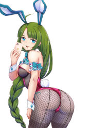 Rule 34 | 1girl, animal ears, aqua bow, aqua bowtie, armband, ass, back, black pantyhose, blue eyes, bow, bowtie, braid, breasts, cellphone, detached collar, fake animal ears, fake tail, fishnet pantyhose, fishnets, frills, green hair, kantai collection, leotard, long hair, looking back, looking to the side, moke ro, mole, mole under mouth, pantyhose, phone, pink leotard, playboy bunny, rabbit ears, rabbit tail, simple background, single braid, small breasts, smartphone, solo, strapless, strapless leotard, tail, very long hair, white background, wrist cuffs, yuugumo (kancolle)