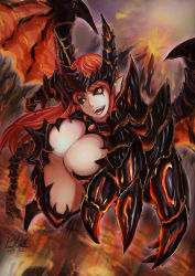 Rule 34 | 1girl, black sclera, breasts, claws, cleavage, colored sclera, dated, dragon wings, fang, flying, large breasts, long hair, looking at viewer, open mouth, original, pointy ears, qblade, red eyes, red hair, signature, smile, solo, wings, yellow eyes