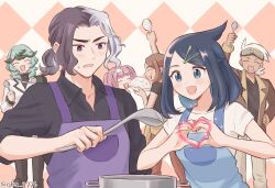 Rule 34 | 3boys, 3girls, :d, amethio (pokemon), apron, arm up, black hair, blue apron, blush, bright pupils, collared shirt, commentary request, cooking pot, cowlick, creatures (company), eyelashes, friede (pokemon), game freak, green hair, hair ornament, hairclip, heart, heart hands, highres, holding, holding ladle, ladle, liko (pokemon), looking down, multicolored hair, multiple boys, multiple girls, nintendo, oka 3776, open mouth, orla (pokemon), pokemon, pokemon (anime), pokemon horizons, ponytail, purple apron, purple eyes, rice, coral (pokemon), shirt, short sleeves, smile, sparkle, spinel (pokemon), sweatdrop, t-shirt, twitter username, two-tone hair, white shirt