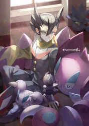 Rule 34 | 1boy, black hair, buttons, closed mouth, commentary request, creatures (company), drapion, eyelashes, game freak, gen 2 pokemon, gen 4 pokemon, grey eyes, grimsley (pokemon), hair between eyes, highres, jacket, long sleeves, looking at viewer, male focus, murkrow, nintendo, pants, pokemon, pokemon (creature), pokemon bw, scarf, shirt, shoes, short hair, sitting, skorupi, smile, spiked hair, yamanashi taiki, yellow scarf