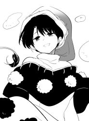 Rule 34 | 1girl, bad id, bad pixiv id, commentary request, doremy sweet, dream soul, greyscale, hat, highres, looking at viewer, monochrome, nightcap, open mouth, pom pom (clothes), shikushiku (amamori weekly), shirt, short hair, simple background, smile, solo, tail, tapir tail, touhou, white background, white shirt