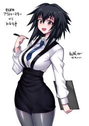 Rule 34 | 1girl, black hair, breasts, brown eyes, clipboard, collared shirt, highres, long hair, looking at viewer, melfina (outlaw star), necktie, open mouth, outlaw star, pantyhose, pen, shirt, simple background, skirt, smile, solo, suspender skirt, suspenders, white background, zasshu nigou
