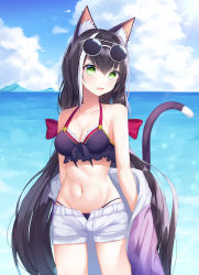 Rule 34 | 1girl, animal ear fluff, animal ears, bikini, black bikini, black hair, blue sky, blush, breasts, cat ears, cat girl, cat tail, cleavage, cloud, collarbone, day, eyewear on head, green eyes, hair ribbon, highres, karyl (princess connect!), karyl (summer) (princess connect!), lin (user uzmw2535), long hair, looking at viewer, low twintails, medium breasts, multicolored hair, navel, ocean, open fly, open mouth, outdoors, princess connect!, red ribbon, ribbon, shorts, sky, solo, streaked hair, sunglasses, swimsuit, tail, twintails, very long hair, white hair, white shorts
